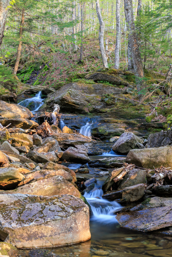 A stream in spring in Vermont's Green Mountains in Richford, Vermont.
