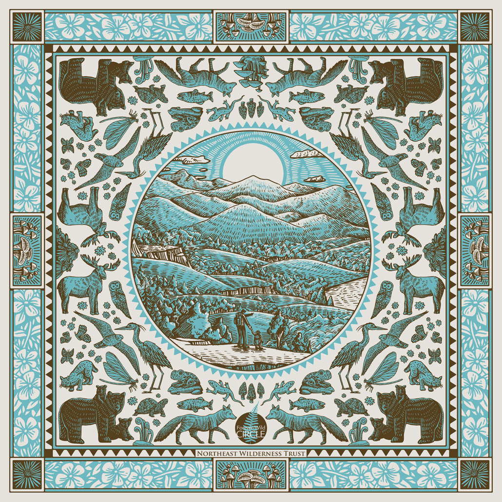 Blue and brown bandana with illustrated plants and animals and scene of people looking over a landscape.