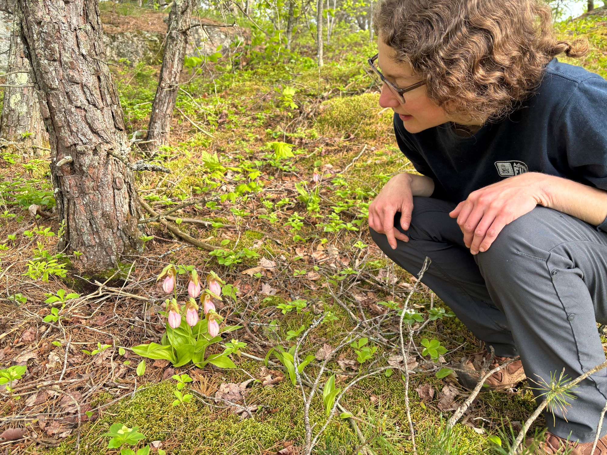 Woman looking at a pink flower.